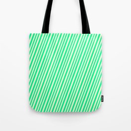 [ Thumbnail: Light Yellow and Green Colored Lined/Striped Pattern Tote Bag ]