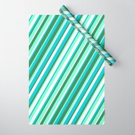 [ Thumbnail: Dark Turquoise, Sea Green, Aquamarine, and Mint Cream Colored Striped/Lined Pattern Wrapping Paper ]