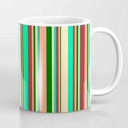 [ Thumbnail: Eye-catching Brown, Green, Beige, Dark Green & Light Salmon Colored Lined/Striped Pattern Coffee Mug ]
