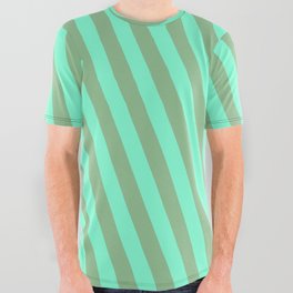 [ Thumbnail: Aquamarine & Dark Sea Green Colored Stripes Pattern All Over Graphic Tee ]