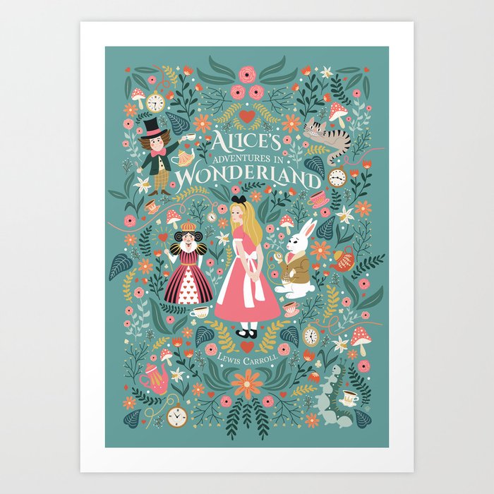 Alice in Wonderland - Pink Art Print | Graphic-design, Alice, Wonderland, Tea, Illustration, Digital, Pattern, Queen-of-heart, Mad-hatter, Cat