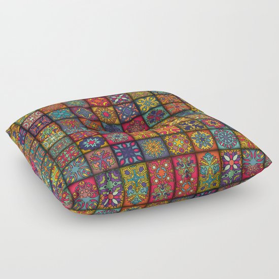 Vintage patchwork with floral mandala elements Floor Pillow by Somberlain Society6