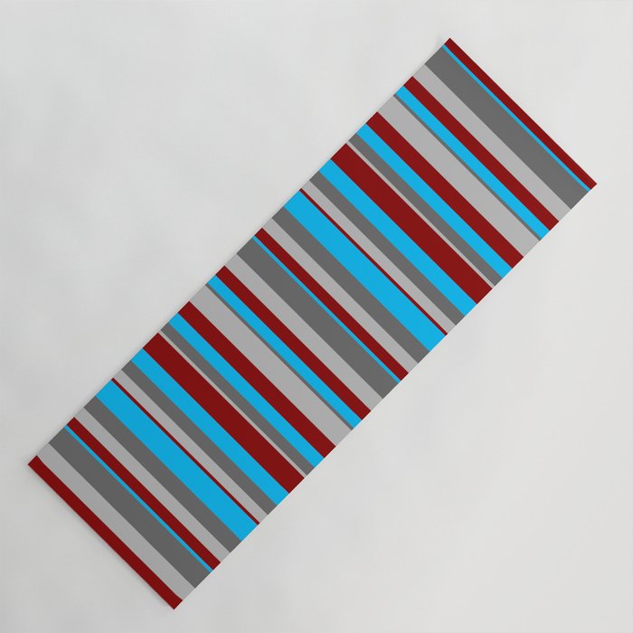 Grey, Dim Grey, Deep Sky Blue & Dark Red Colored Stripes Pattern Yoga Mat