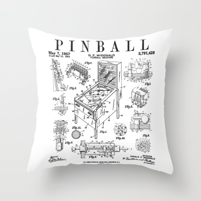 Pinball Arcade Gaming Machine Vintage Gamer Patent Print Throw Pillow
