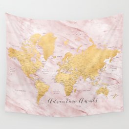 Adventure awaits, gold and pink marble detailed world map, "Sherry" Wall Tapestry