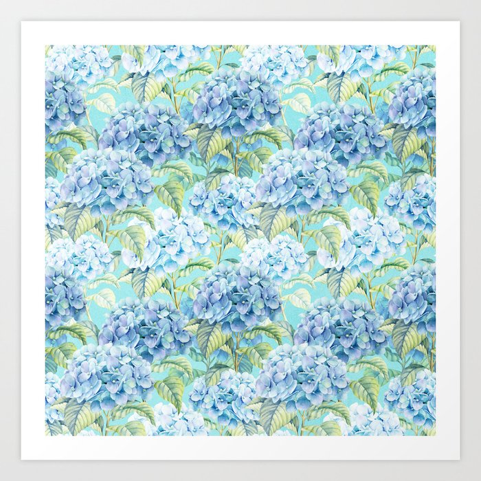 Blue Floral Hydrangea Flower Flowers Vintage Watercolor Pattern