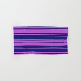 [ Thumbnail: Midnight Blue & Orchid Colored Lined/Striped Pattern Hand & Bath Towel ]