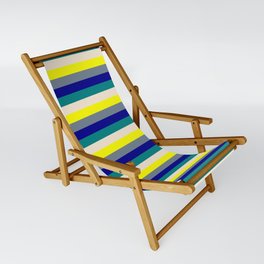 [ Thumbnail: Vibrant Yellow, Slate Gray, Dark Blue, Teal & Beige Colored Stripes/Lines Pattern Sling Chair ]
