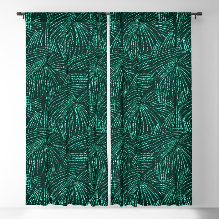 Elegant abstract black emerald green tropical palm tree Blackout Curtain