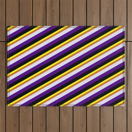 [ Thumbnail: Yellow, Chocolate, Lavender, Indigo, and Black Colored Lined Pattern Outdoor Rug ]