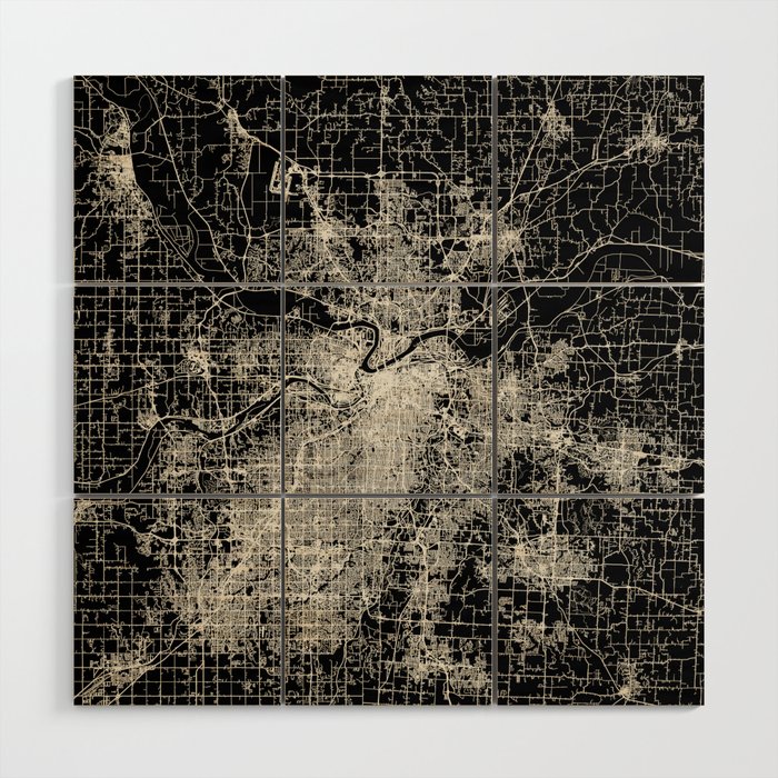 Kansas City - Black and White City Map Wood Wall Art