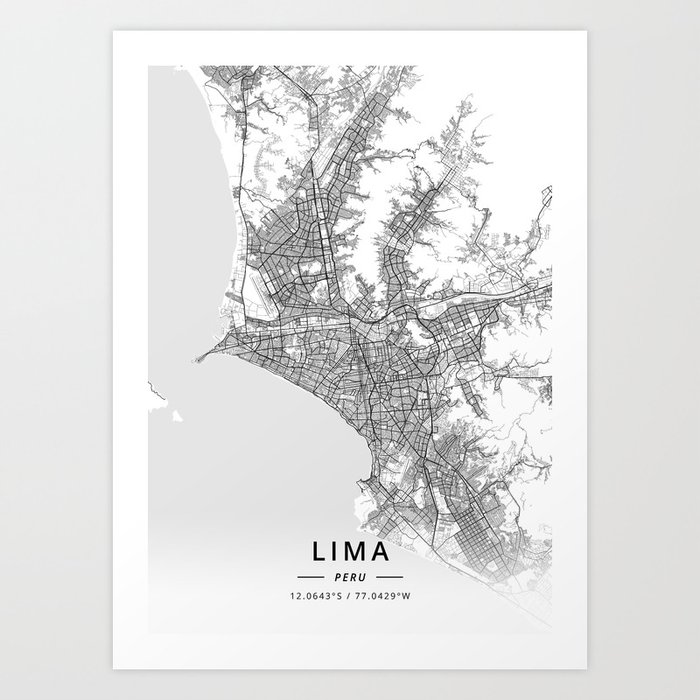 Lima, Peru - Light Map Art Print