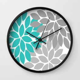 Flower Burst Turquoise Gray Dahlia Floral Pattern Wall Clock