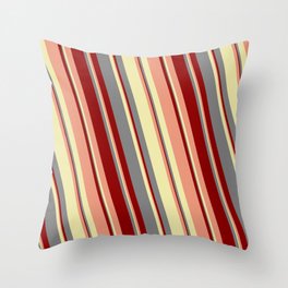[ Thumbnail: Grey, Dark Red, Dark Salmon, and Pale Goldenrod Colored Striped Pattern Throw Pillow ]