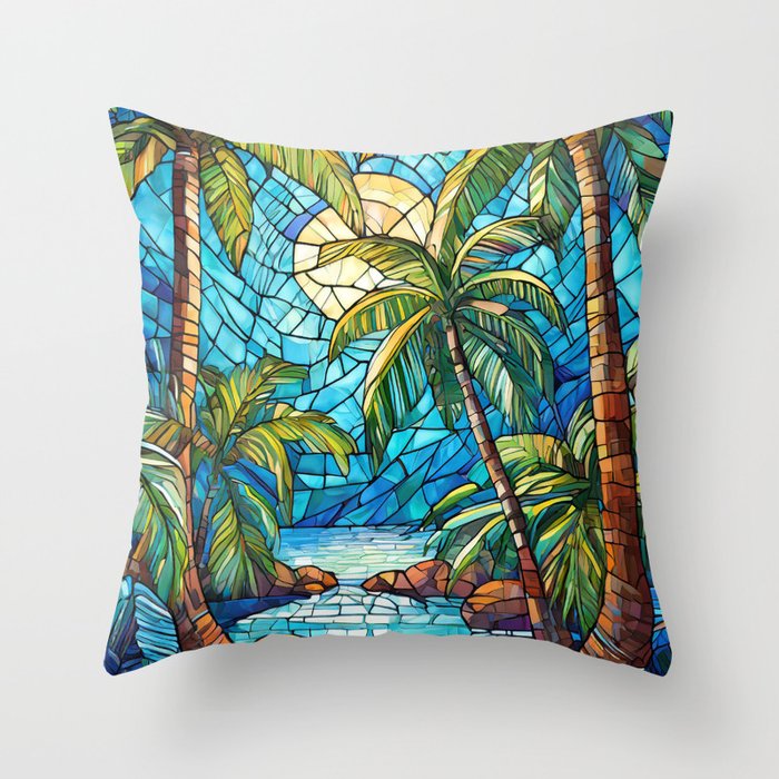 Stained glass style tropical island scene Throw Pillow