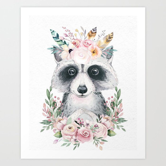 Forest Raccoon Floral by Nature Magick Art Print