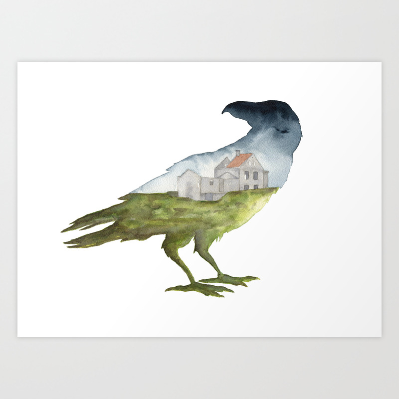 Watercolor Icelandic Landscape Painting Within A Raven Silhouette