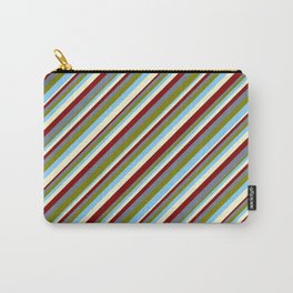 [ Thumbnail: Maroon, Slate Gray, Green, Light Sky Blue, and Light Yellow Colored Stripes/Lines Pattern Carry-All Pouch ]