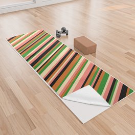 [ Thumbnail: Eye-catching Salmon, Beige, Forest Green, Chocolate, and Black Colored Lines/Stripes Pattern Yoga Towel ]