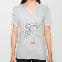 Head Of Flowers Art, Line Art Woman With Flowers, Flower Woman Line Art, Girl With Flowers, Minimal Line Drawing Woman. Young pretty logo. Nature line art V Neck T Shirt