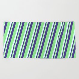[ Thumbnail: Dark Slate Blue, Light Green & Light Cyan Colored Lined Pattern Beach Towel ]