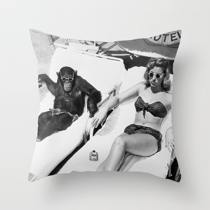 Lady and Chimp Sunbathing, Black and White, Vintage Art Throw Pillow