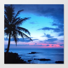 Tropical Island Beach Ocean Pink Blue Sunset Photo Canvas Print