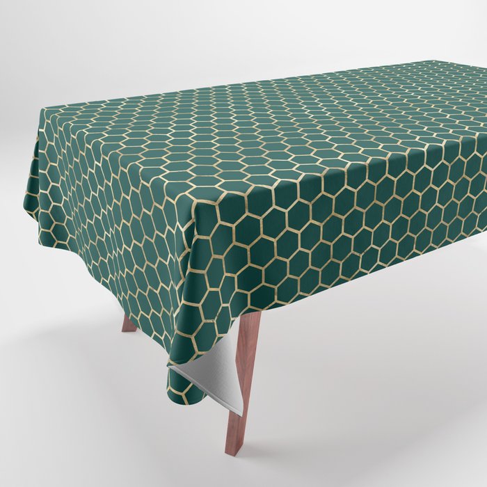 Emerald Green Gold Honeycomb Pattern Tablecloth