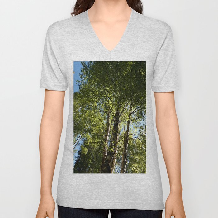 Scottish Highlands Birch Tree Spring Perspective V Neck T Shirt