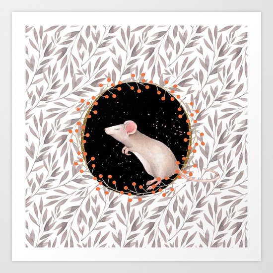 Beautiful nosey Mouse with flower backround- Animal- child - mice- flowers Art Print