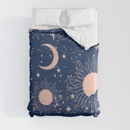 blue space pattern with sun, crescent and stars Comforter