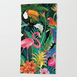 Tropical flowers and birds Beach Towel