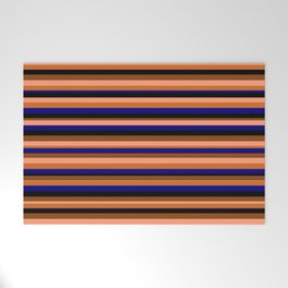 [ Thumbnail: Eyecatching Light Salmon, Chocolate, Blue, Black & Brown Colored Stripes/Lines Pattern Welcome Mat ]