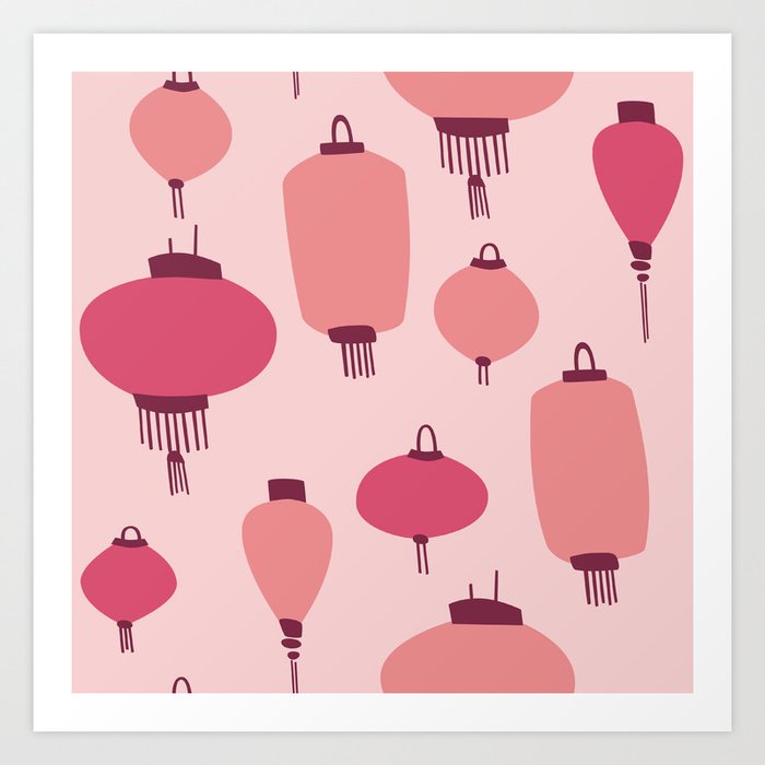 Chinese Lanterns Pink and Blush Digital Illustration Pattern Art Print
