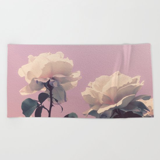 Vintage Spring Pearl White Roses Lavender Sky Beach Towel