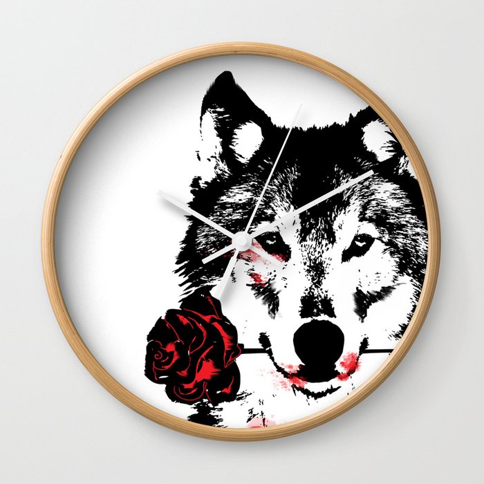 Wolf blood stained, holding a red rose. Wall Clock