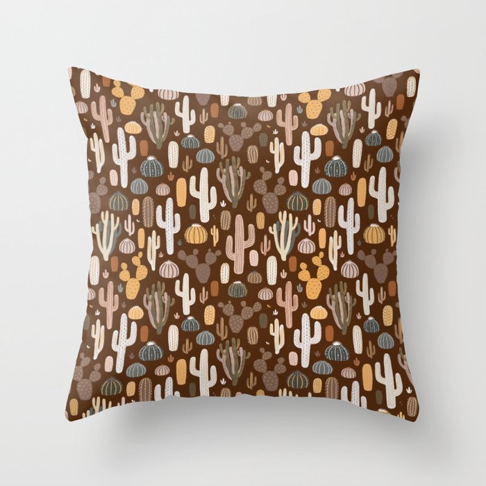 Desert Cacti - Brown Throw Pillow