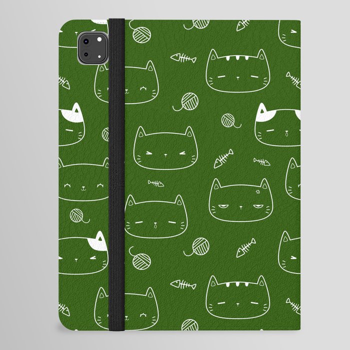 Green and White Doodle Kitten Faces Pattern iPad Folio Case