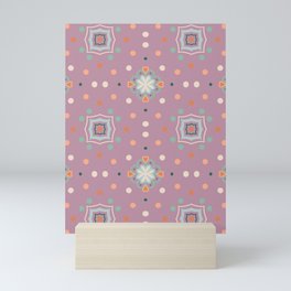 Dots, hearts and flowers on lilac background Mini Art Print