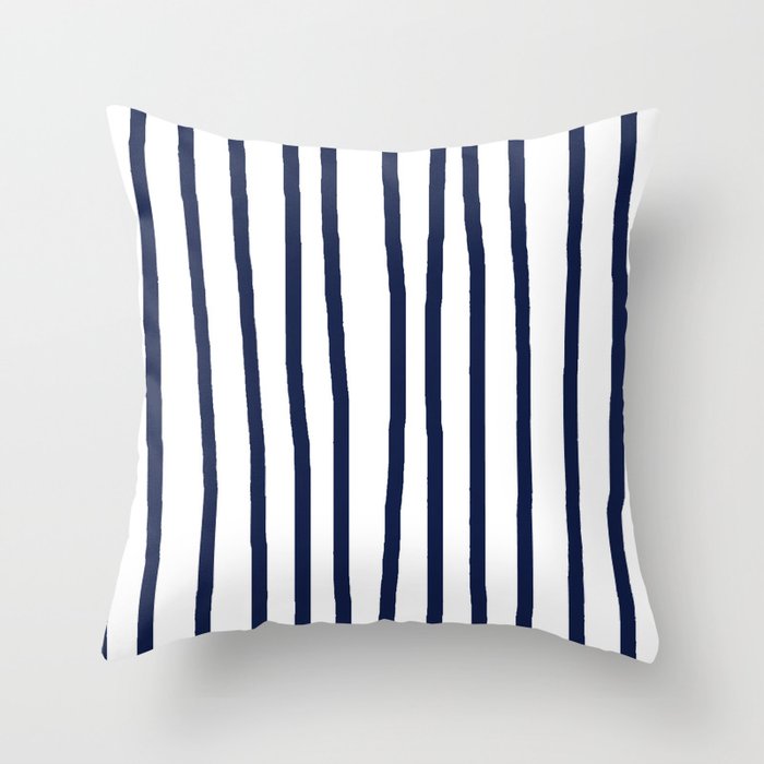Simply Drawn Vertical Stripes Nautical Navy Blue on White Throw Pillow