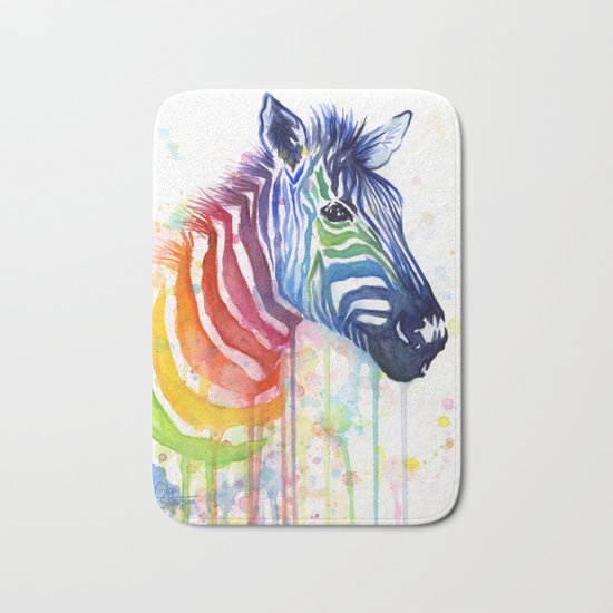 Zebra Rainbow Watercolor Whimsical Animal Bath Mat