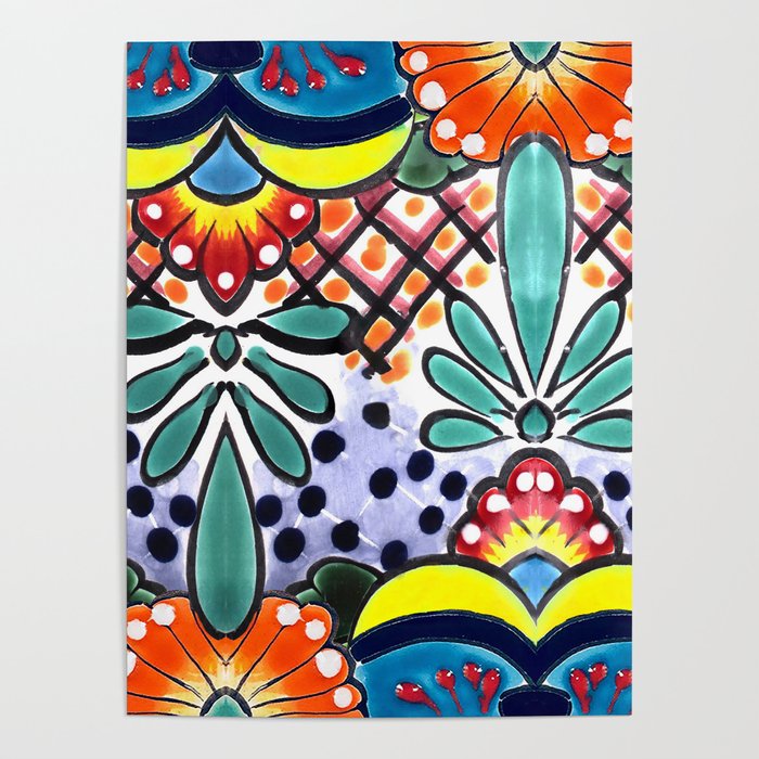 Colorful Talavera, Yellow Accent, Large, Mexican Tile Design Poster