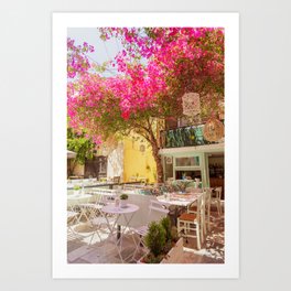 Shady terrace with pink flowers in Syros town | Travel photography from Greece | Fine art photograph Art Print