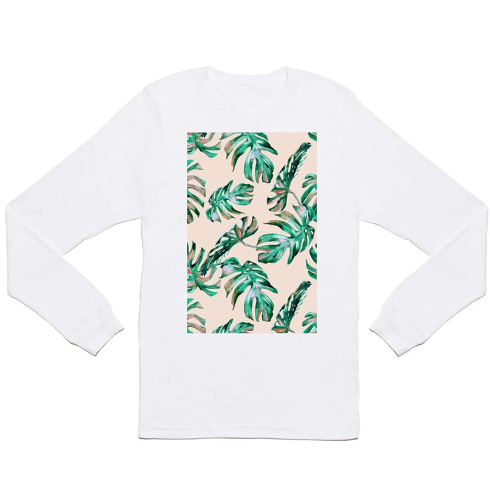 Tropical Palm Leaves Coral Greenery Long Sleeve T Shirt