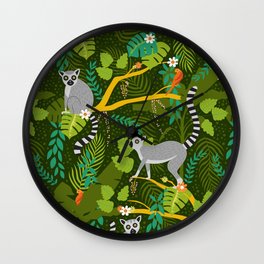 Lemurs in a Green Jungle Wall Clock | Nature, Lemur, Wild, Leaves, Animal, Jungle Decor, Parrot, Jungle, Lemur Art, Lemur Print 