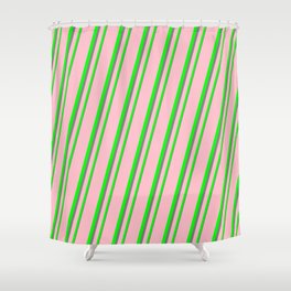 [ Thumbnail: Pink, Lime & Grey Colored Lined Pattern Shower Curtain ]