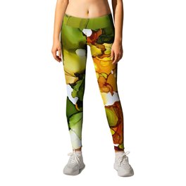 Falling, Abstract Painting in Green, Orange, and Yellow Leggings