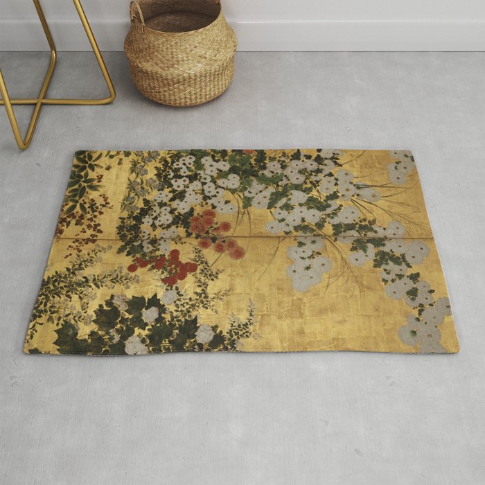 White Red Chrysanthemums Floral Japanese Gold Screen Rug