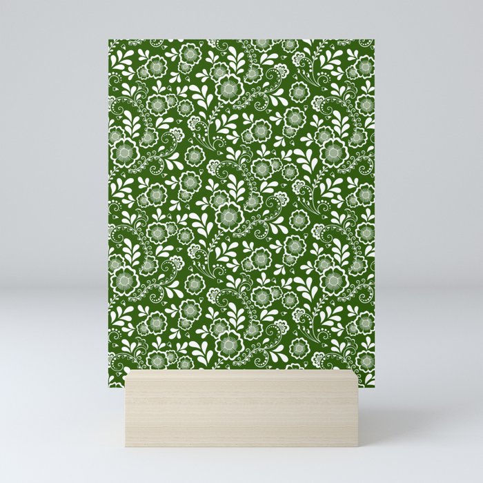 Green And White Eastern Floral Pattern Mini Art Print