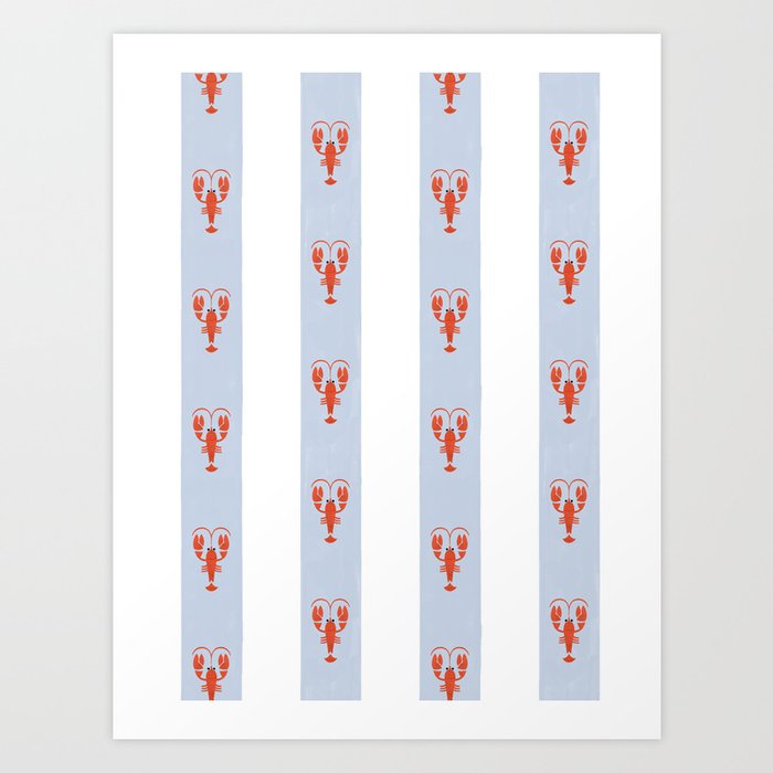 Red Lobsters On Hand-Painted Blue Stripes Art Print